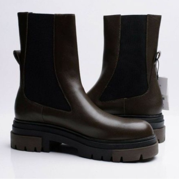 Zara Womens Chelsea Khaki Leather Ankle Boots Lug Soles múltiple size. - Picture 9 of 9